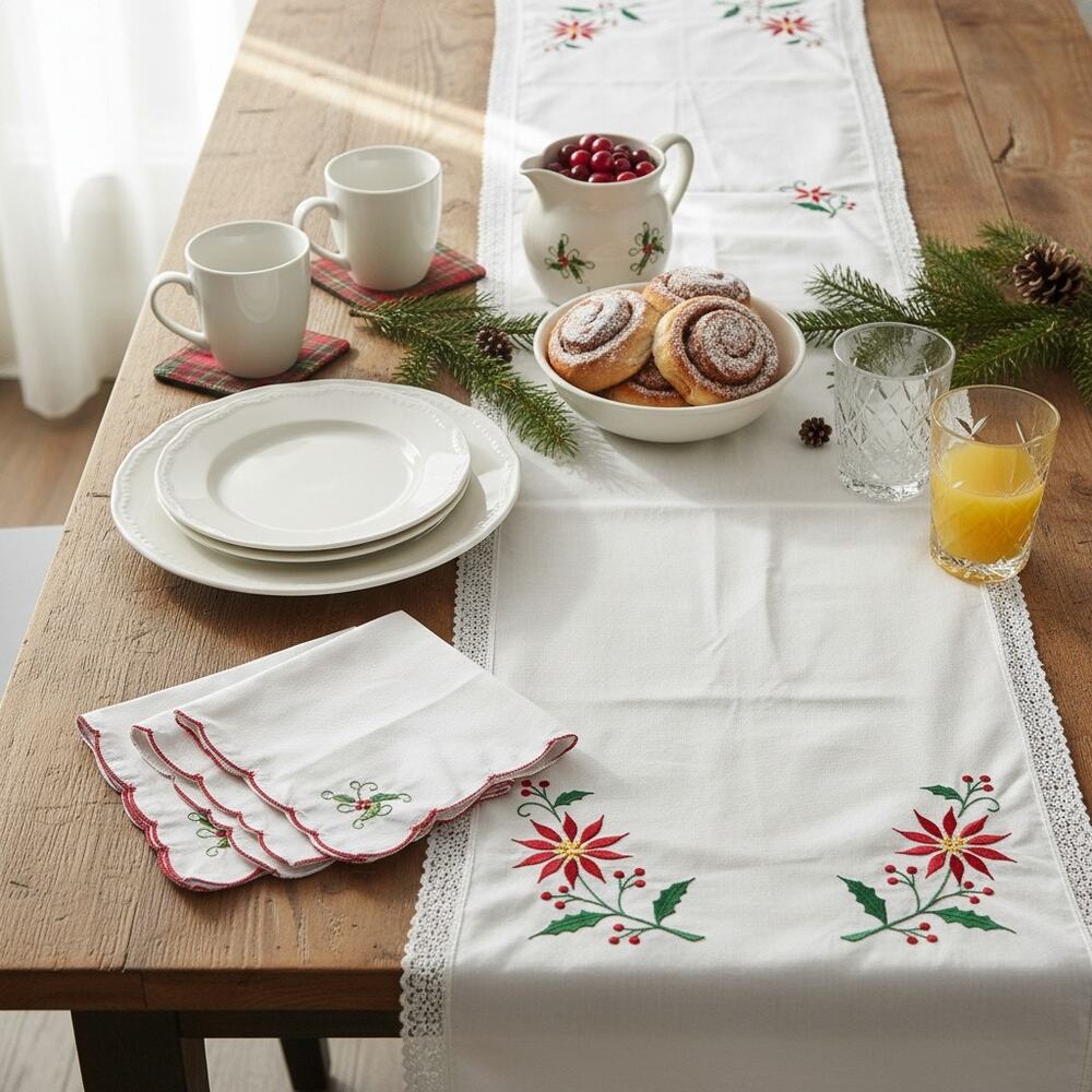 Vintage Christmas Poinsettia Table Runner w. 4 Embroidered Linen Napkins-Holiday